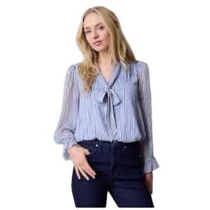 LC Lauren Conrad blue striped tie neck blouse career office top preppy twee